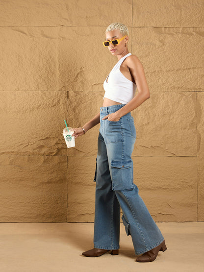 Blue Acid Wash Multi Pockets Cargo Jeans