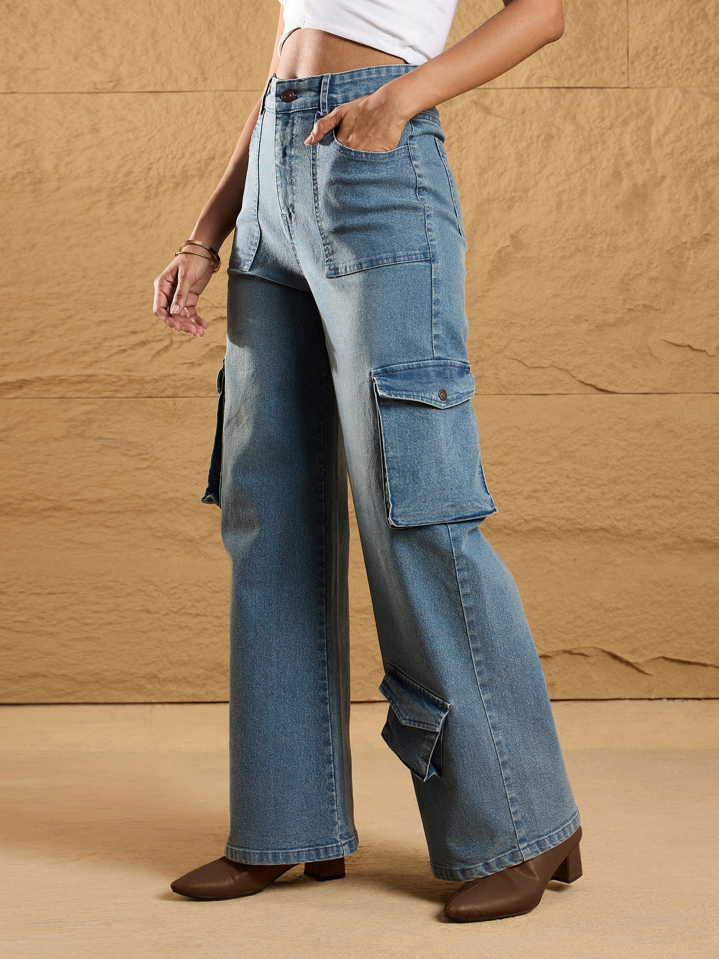Blue Acid Wash Multi Pockets Cargo Jeans
