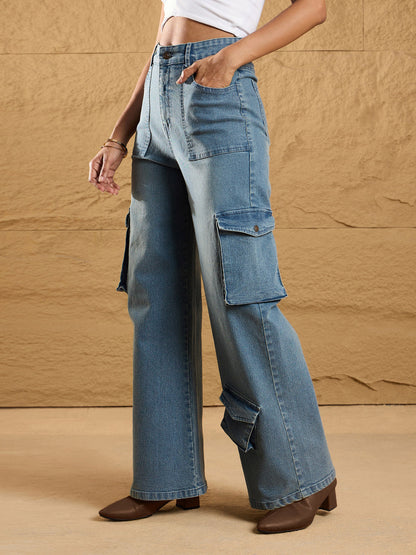 Blue Acid Wash Multi Pockets Cargo Jeans