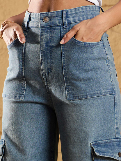 Blue Acid Wash Multi Pockets Cargo Jeans