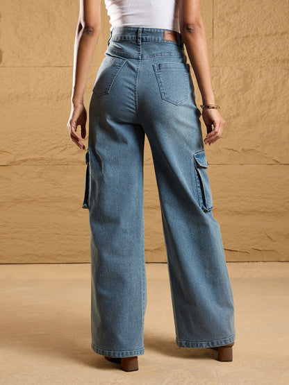 Blue Acid Wash Multi Pockets Cargo Jeans