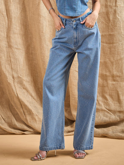 Blue Washed Stud Work Straight Fit Jeans