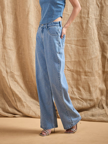 Blue Washed Stud Work Straight Fit Jeans