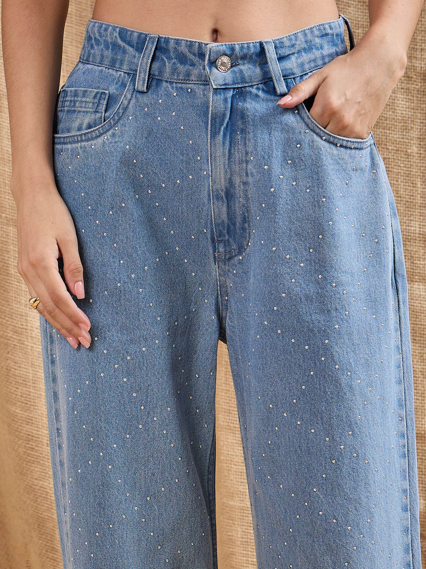 Blue Washed Stud Work Straight Fit Jeans