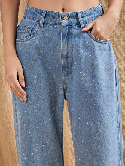 Blue Washed Stud Work Straight Fit Jeans