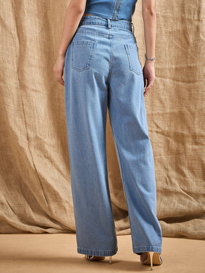 Blue Washed Stud Work Straight Fit Jeans