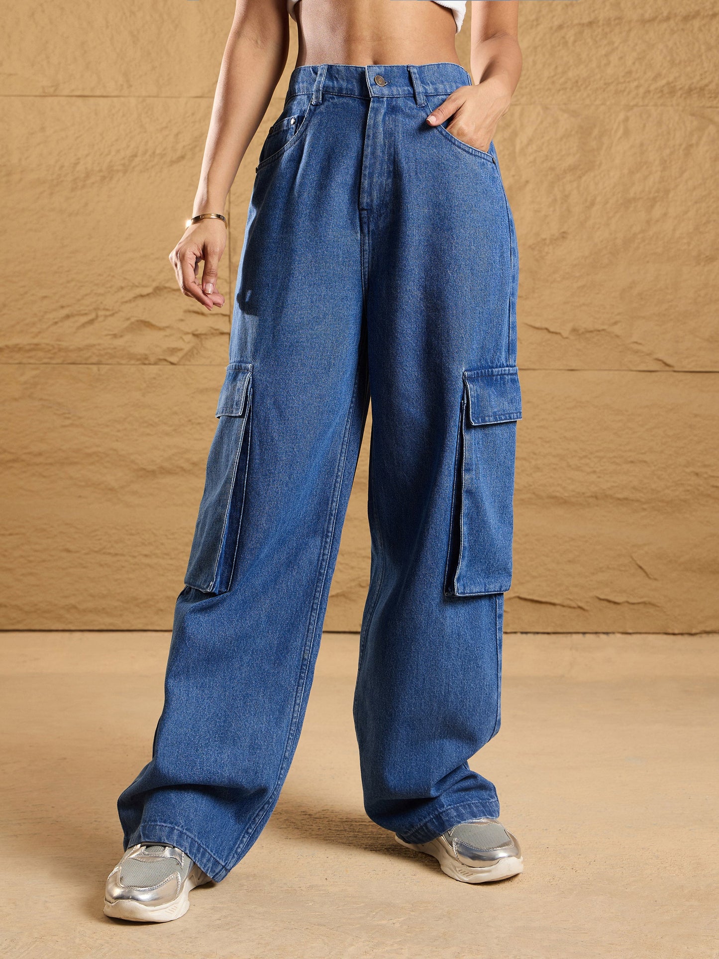 Blue Washed Box Pockets Straight Fit Jeans