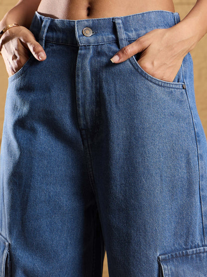 Blue Washed Box Pockets Straight Fit Jeans