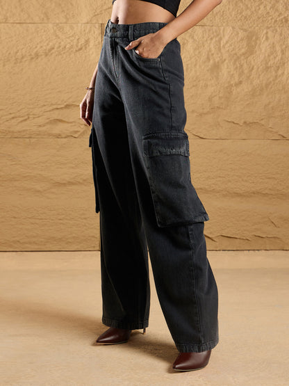 Black Washed Box Pockets Straight Fit Jeans