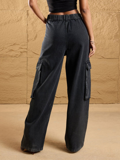 Black Washed Box Pockets Straight Fit Jeans