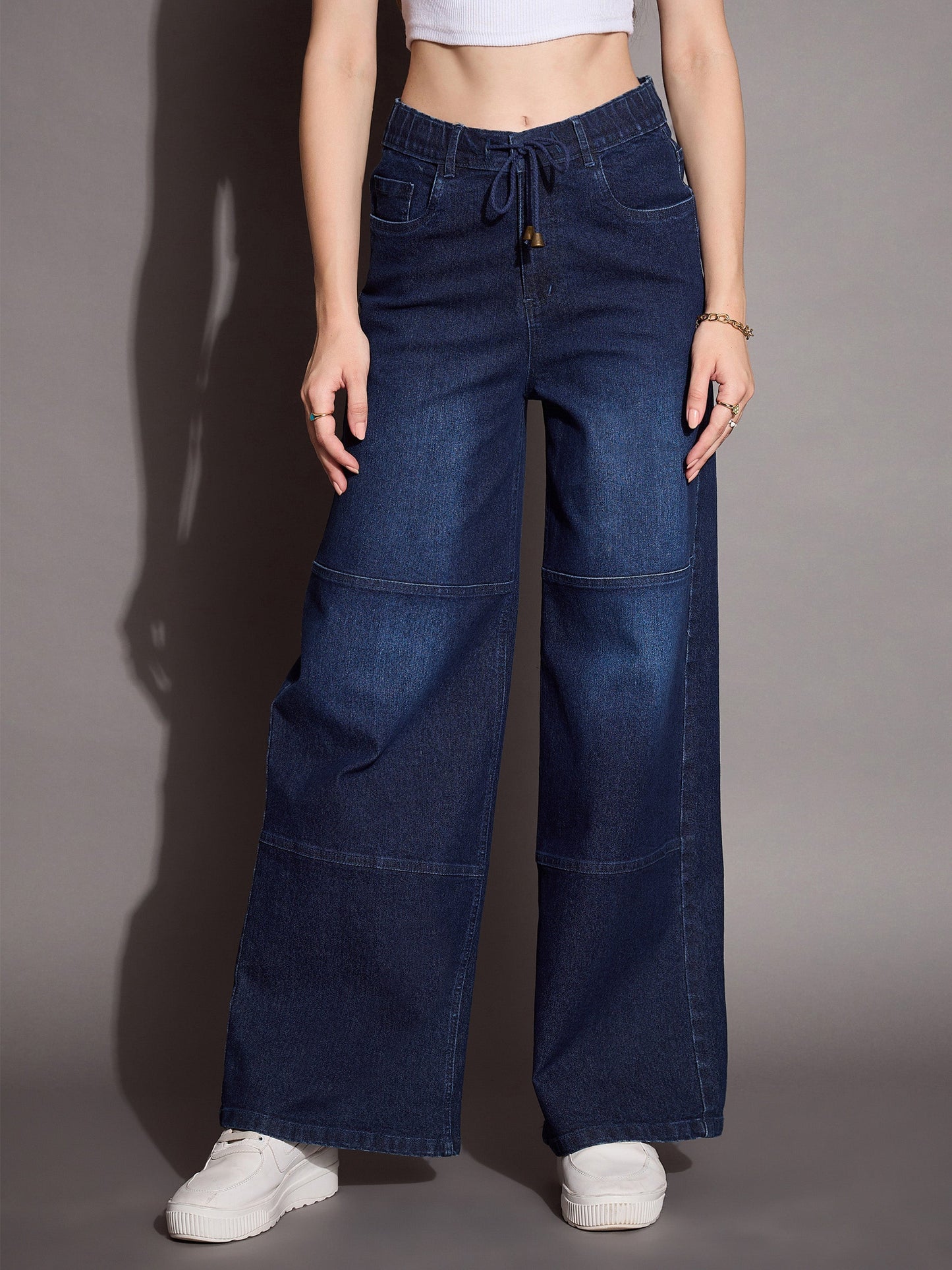 Blue Straight Fit Drawstring Jeans