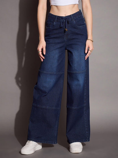 Blue Straight Fit Drawstring Jeans