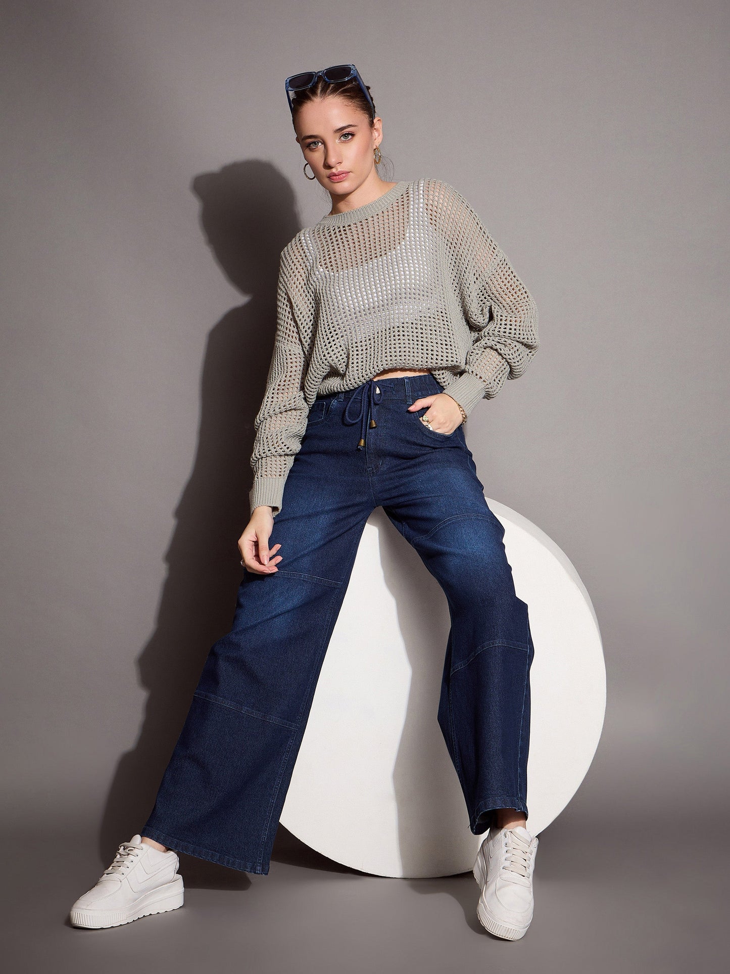 Blue Straight Fit Drawstring Jeans