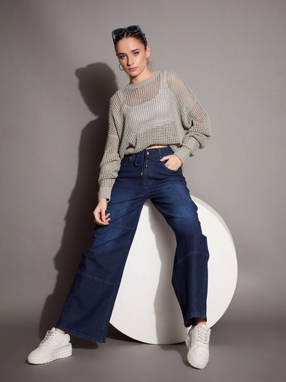 Blue Straight Fit Drawstring Jeans