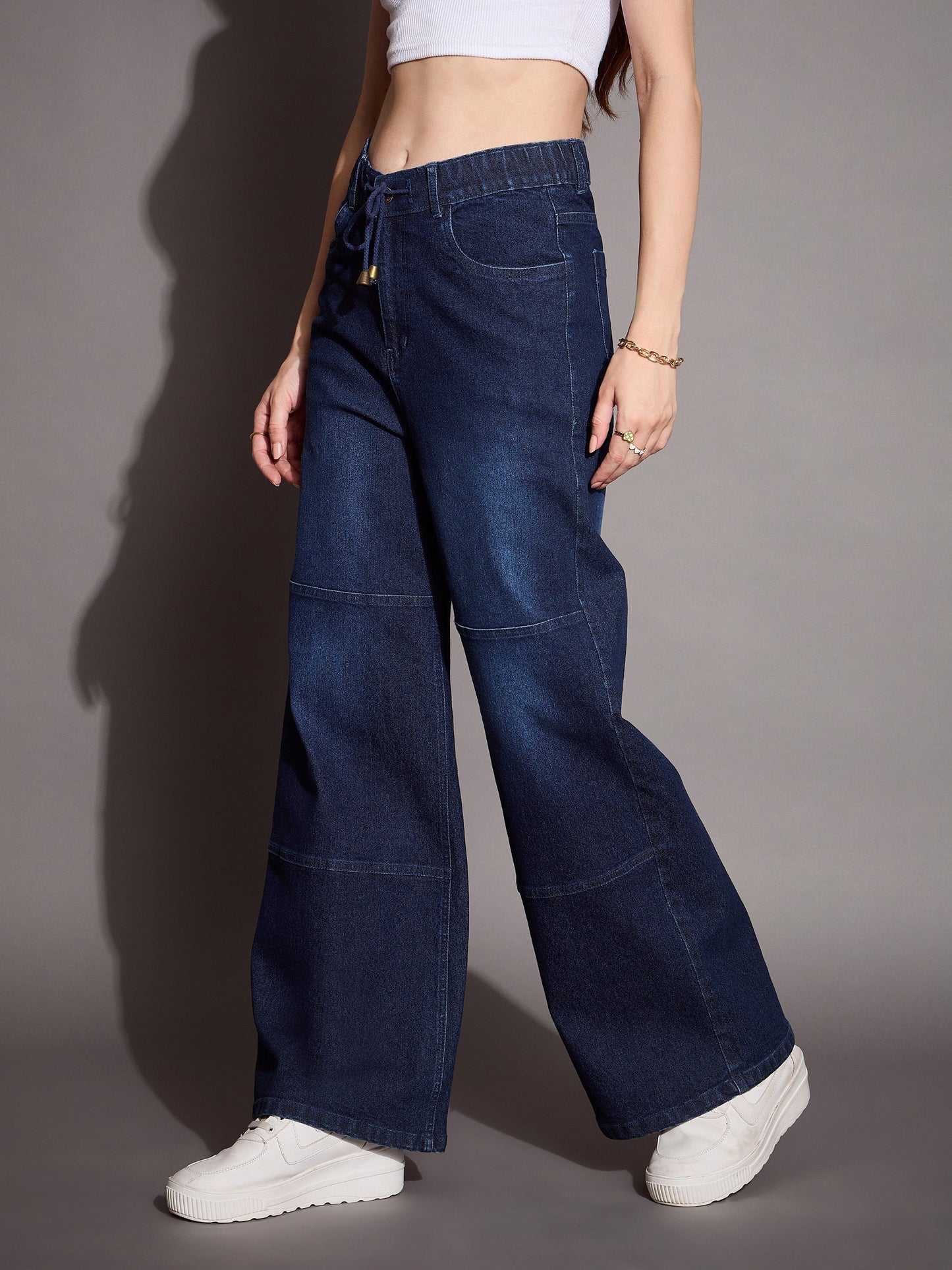 Blue Straight Fit Drawstring Jeans