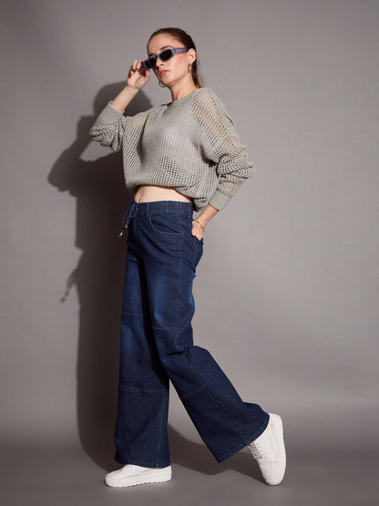 Blue Straight Fit Drawstring Jeans