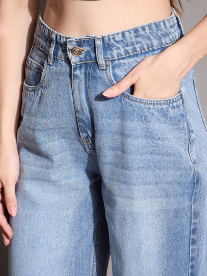 Women Blue High Waist Wide Leg Jeans