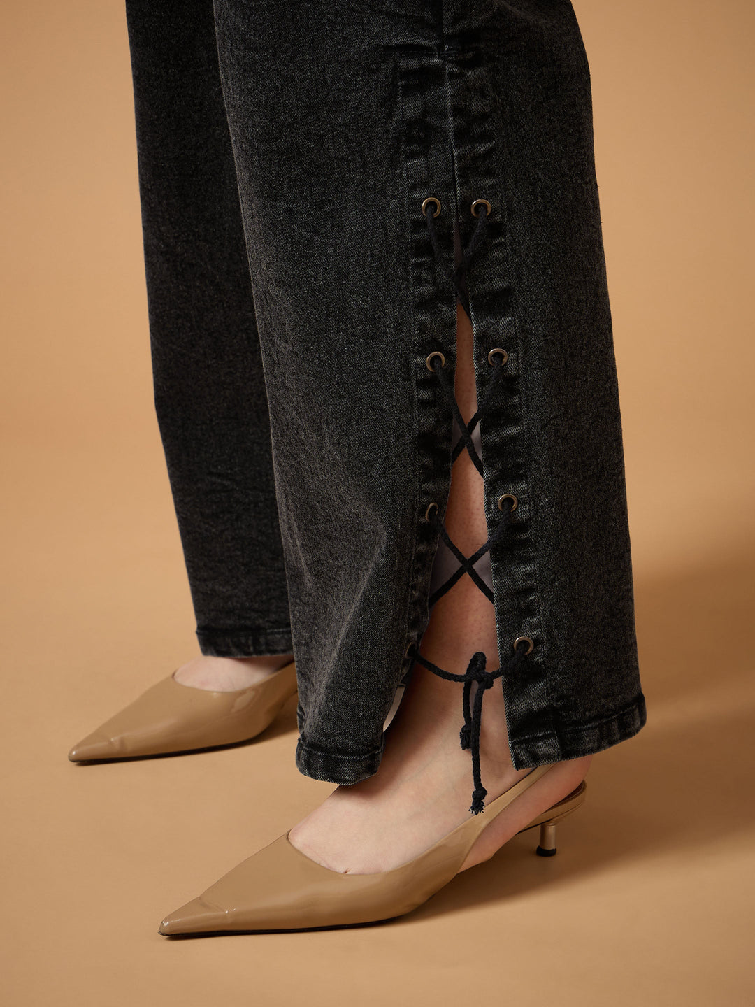 Black Wash Side Knot Straight Fit Jeans-SASSAFRAS Curve