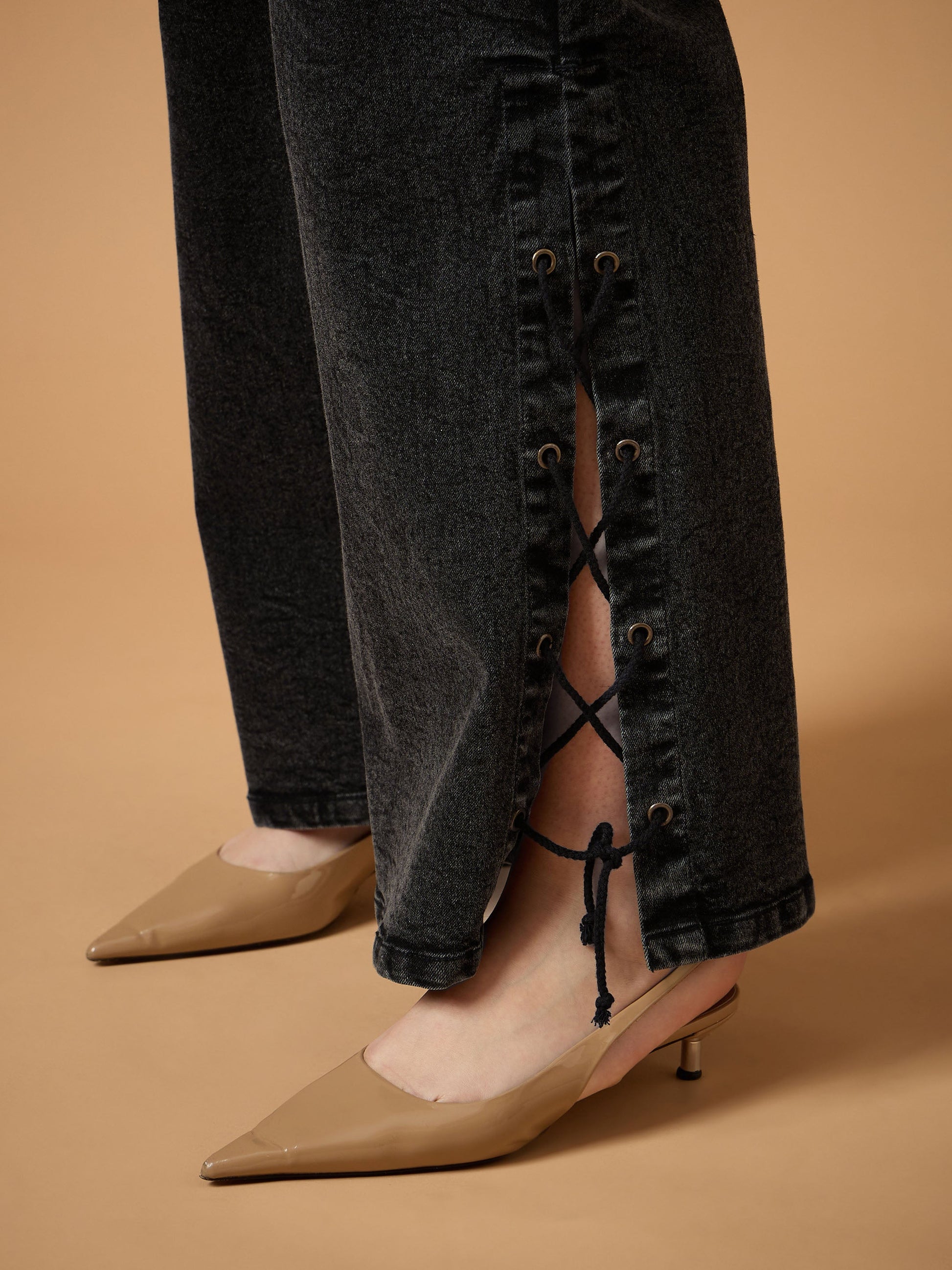 Black Wash Side Knot Straight Fit Jeans-SASSAFRAS Curve