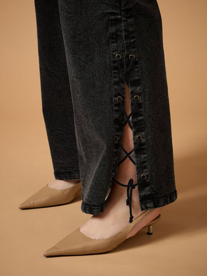 Black Wash Side Knot Straight Fit Jeans-SASSAFRAS Curve