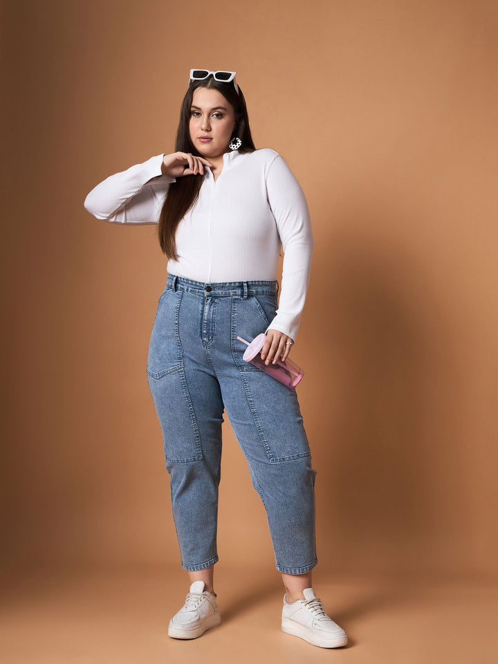 Ice Blue Denim Balloon Fit Jeans-SASSAFRAS Curve