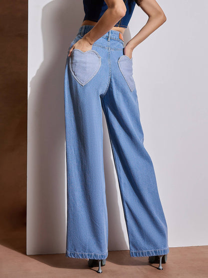 Ice Blue Heart Pockets Straight Jeans