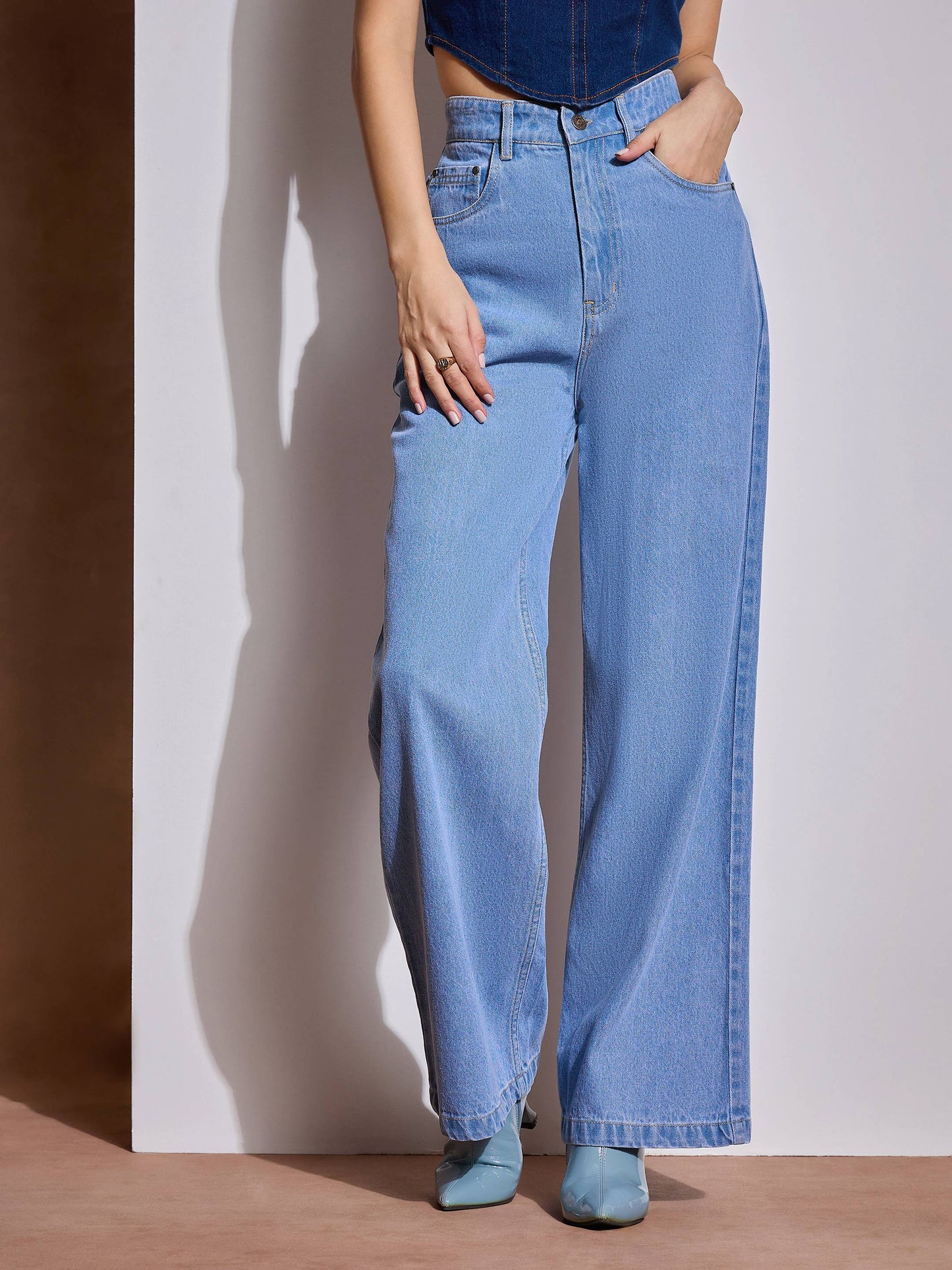 Ice Blue Heart Pockets Straight Jeans