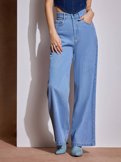 Ice Blue Heart Pockets Straight Jeans