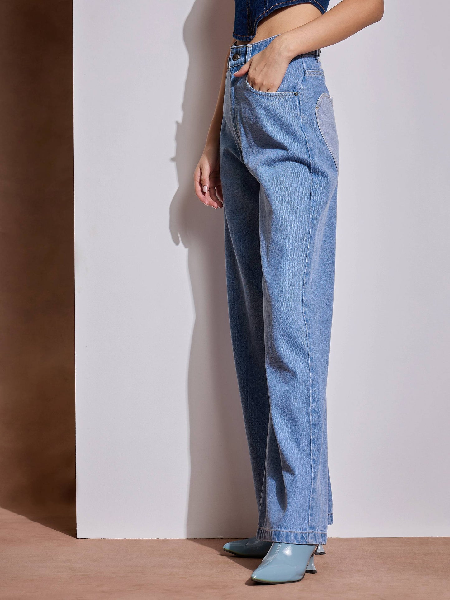 Ice Blue Heart Pockets Straight Jeans