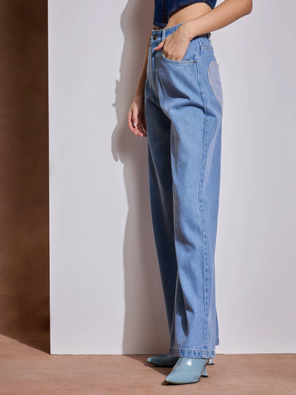 Ice Blue Heart Pockets Straight Jeans