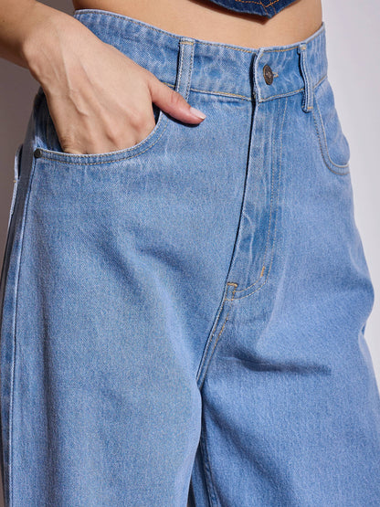 Ice Blue Heart Pockets Straight Jeans
