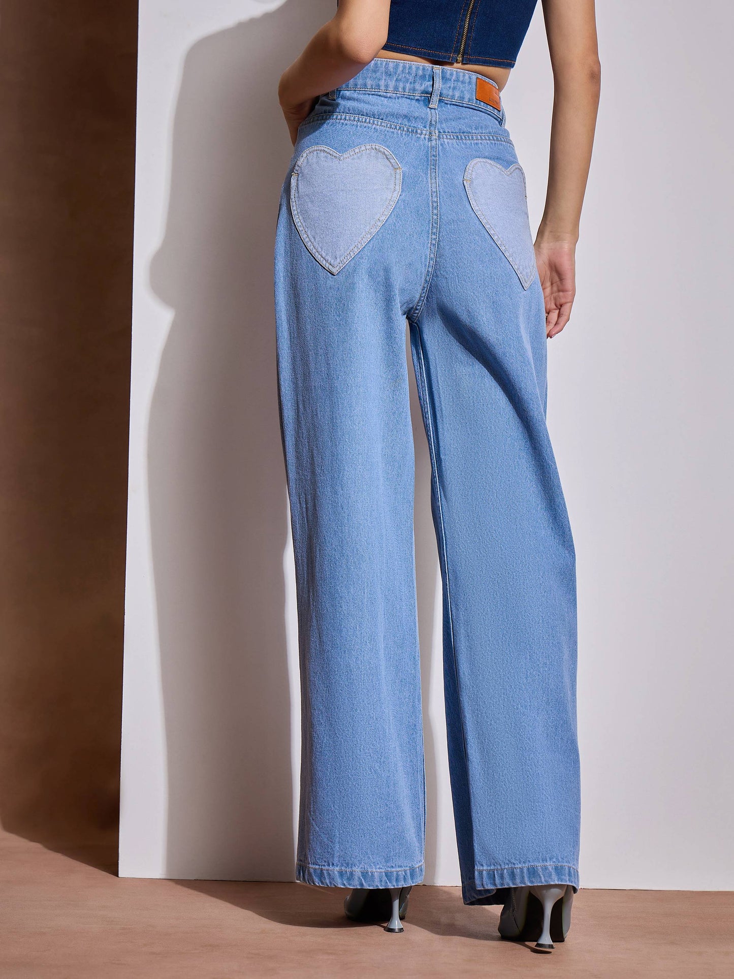 Ice Blue Heart Pockets Straight Jeans