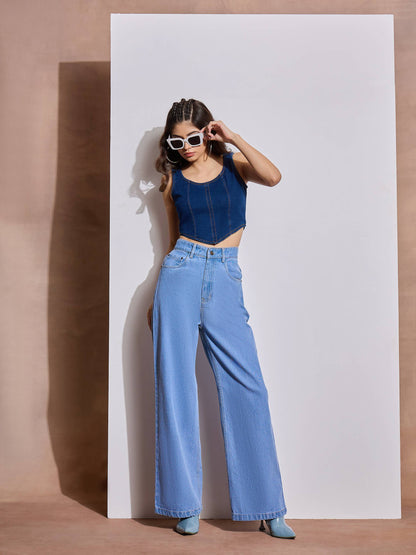 Ice Blue Heart Pockets Straight Jeans