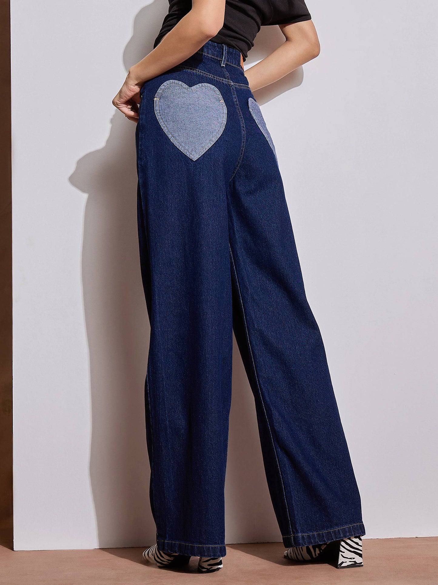 Navy Blue Heart Pockets Straight Jeans