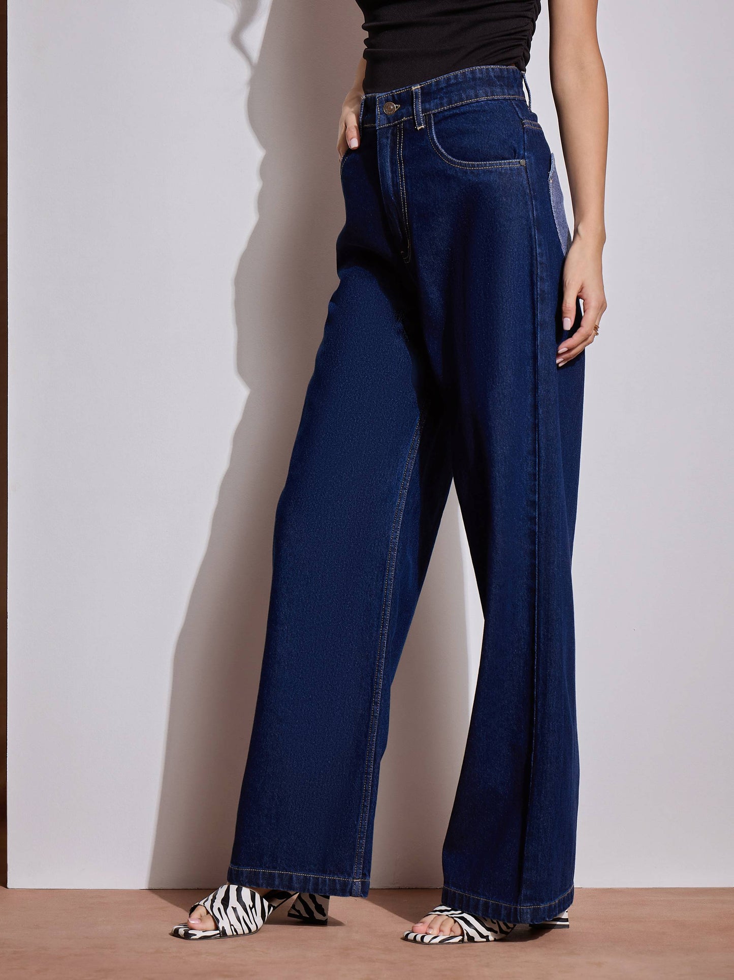 Navy Blue Heart Pockets Straight Jeans