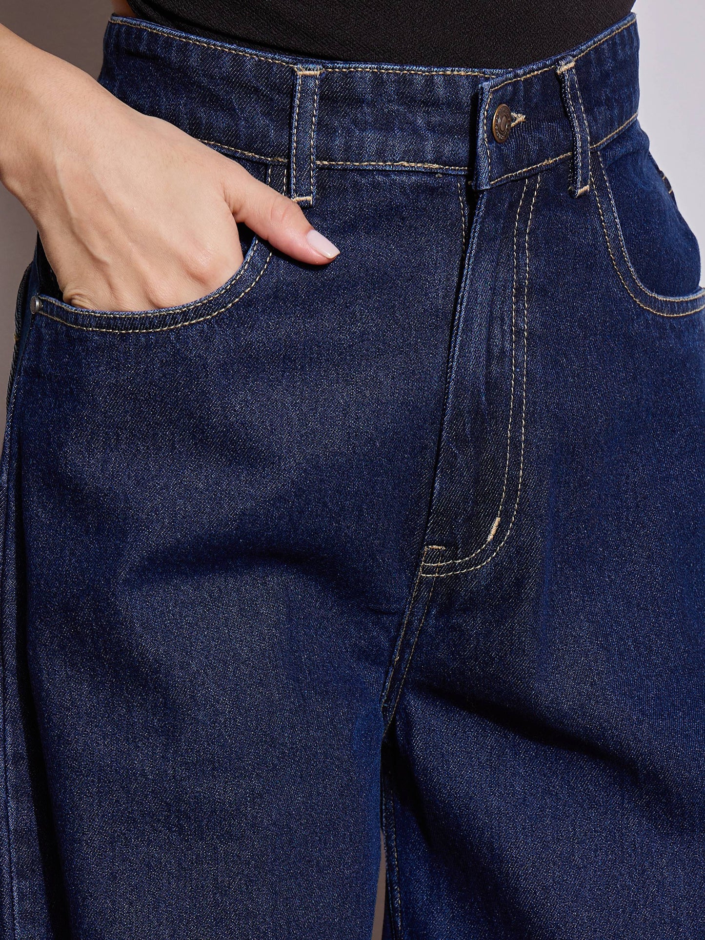 Navy Blue Heart Pockets Straight Jeans