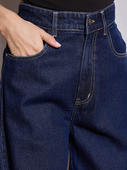 Navy Blue Heart Pockets Straight Jeans