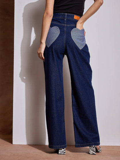 Navy Blue Heart Pockets Straight Jeans