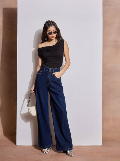 Navy Blue Heart Pockets Straight Jeans