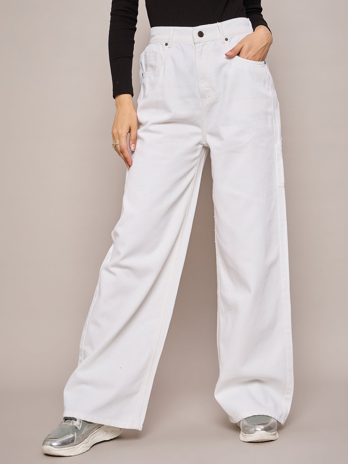 White Elasticated High Waist Back Pocket Jeans