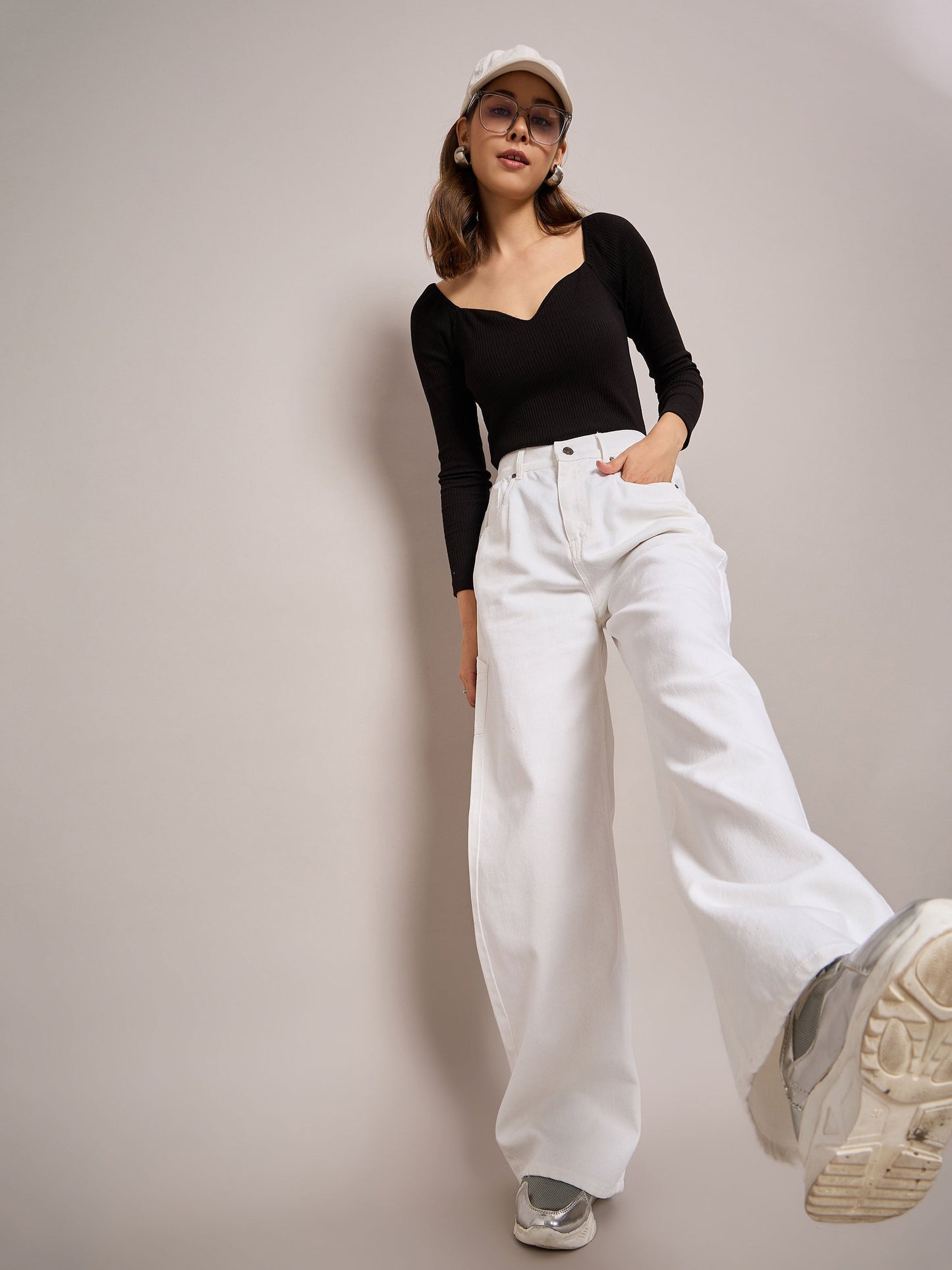 White Elasticated High Waist Back Pocket Jeans