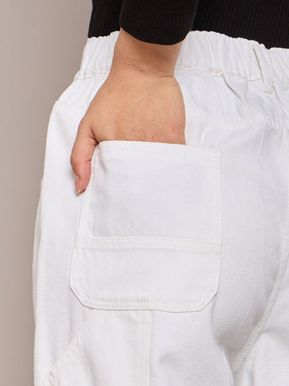 White Elasticated High Waist Back Pocket Jeans