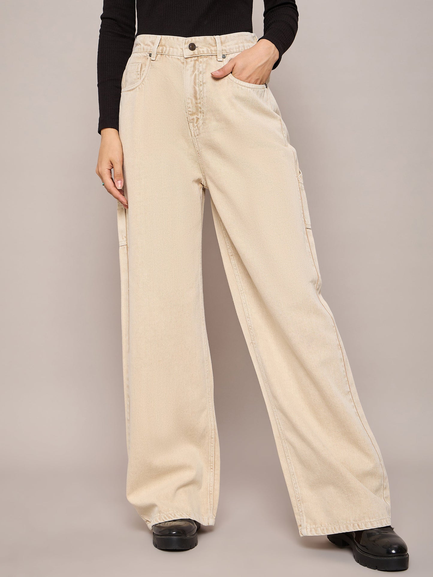 Beige Elasticated High Waist Back Pocket Jeans