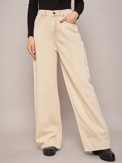 Beige Elasticated High Waist Back Pocket Jeans