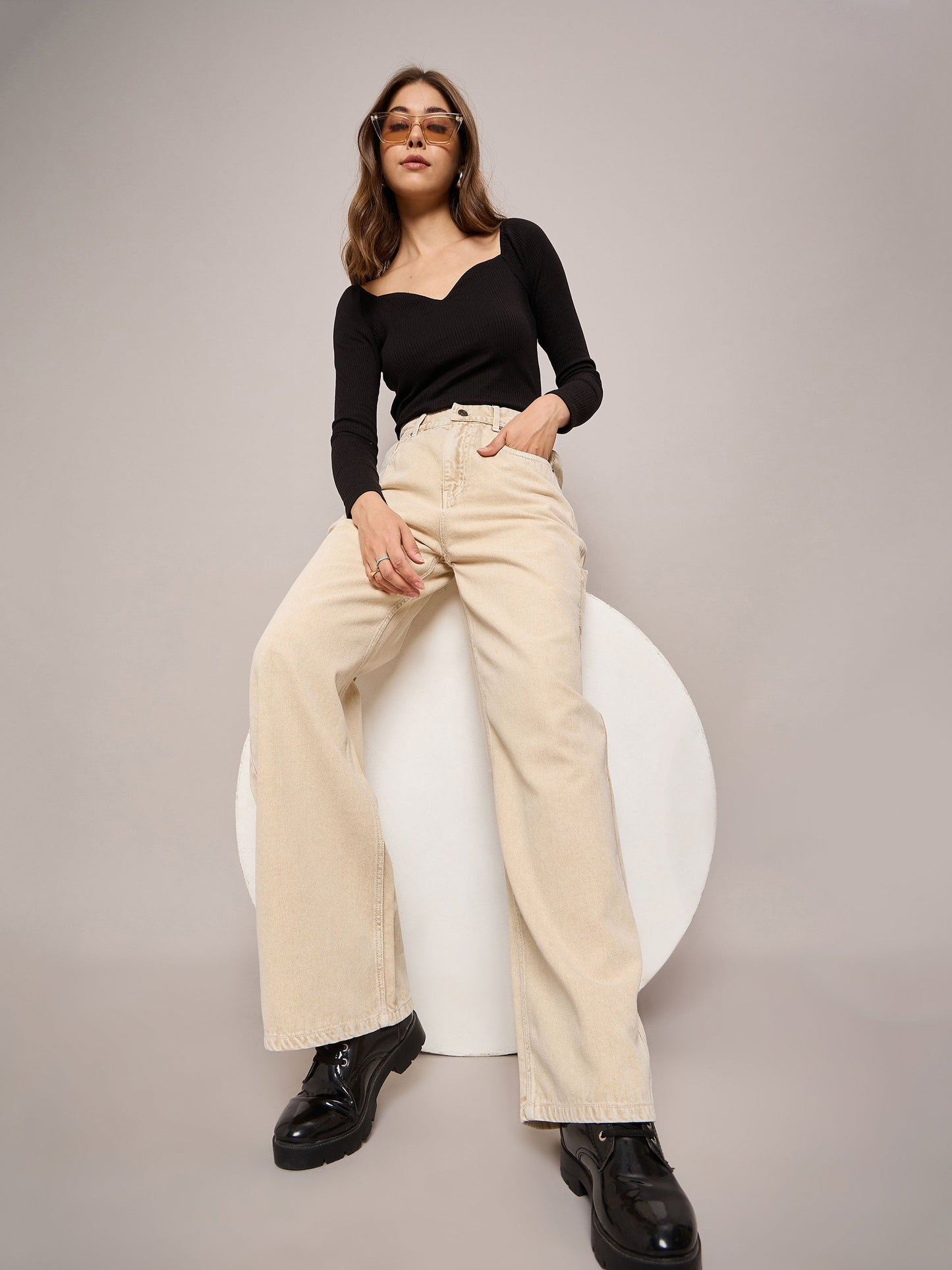 Beige Elasticated High Waist Back Pocket Jeans