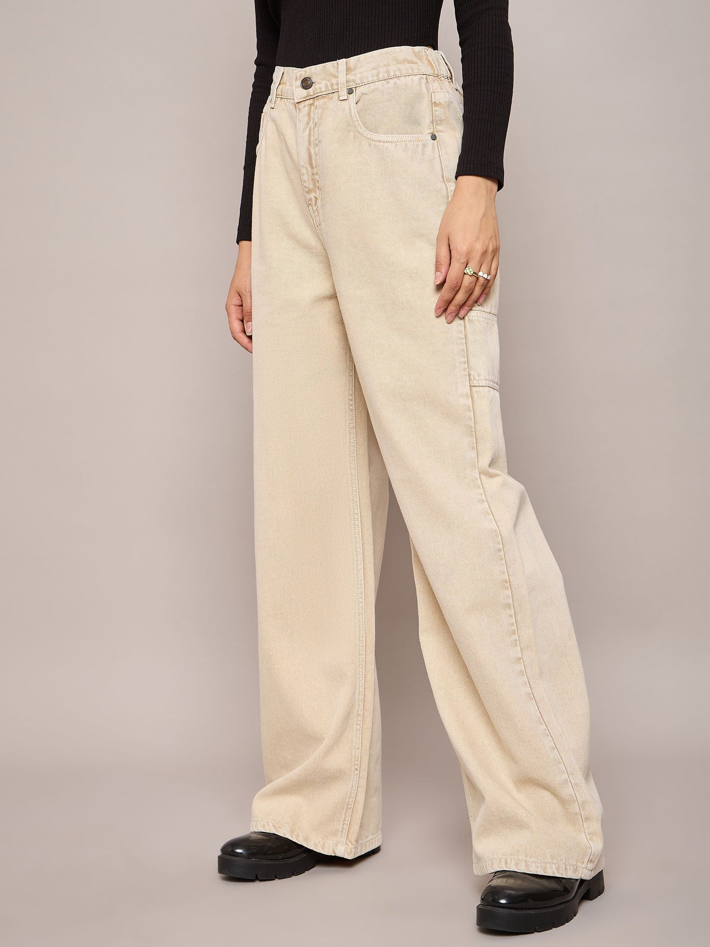 Beige Elasticated High Waist Back Pocket Jeans