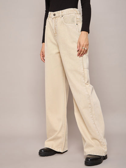 Beige Elasticated High Waist Back Pocket Jeans