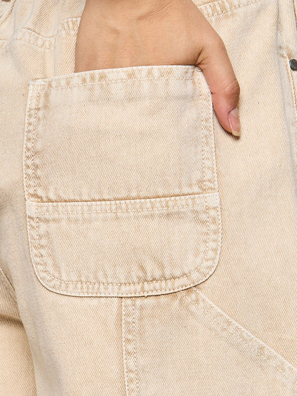 Beige Elasticated High Waist Back Pocket Jeans