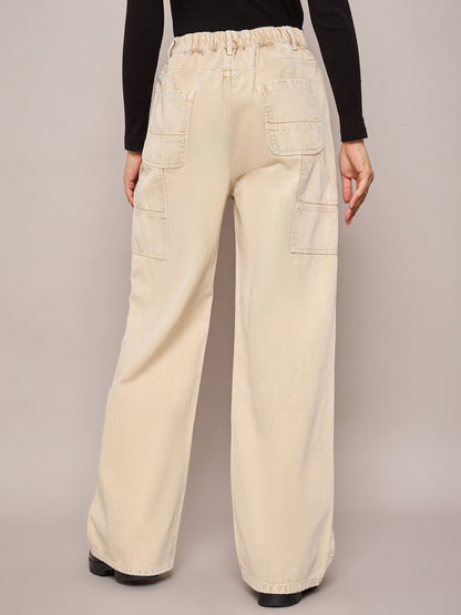 Beige Elasticated High Waist Back Pocket Jeans