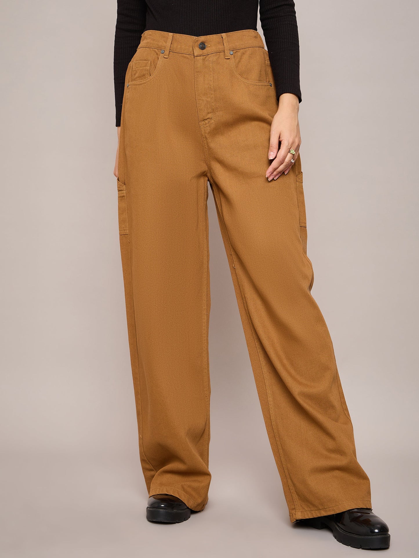 Brown Elasticated High Waist Back Pocket Jeans